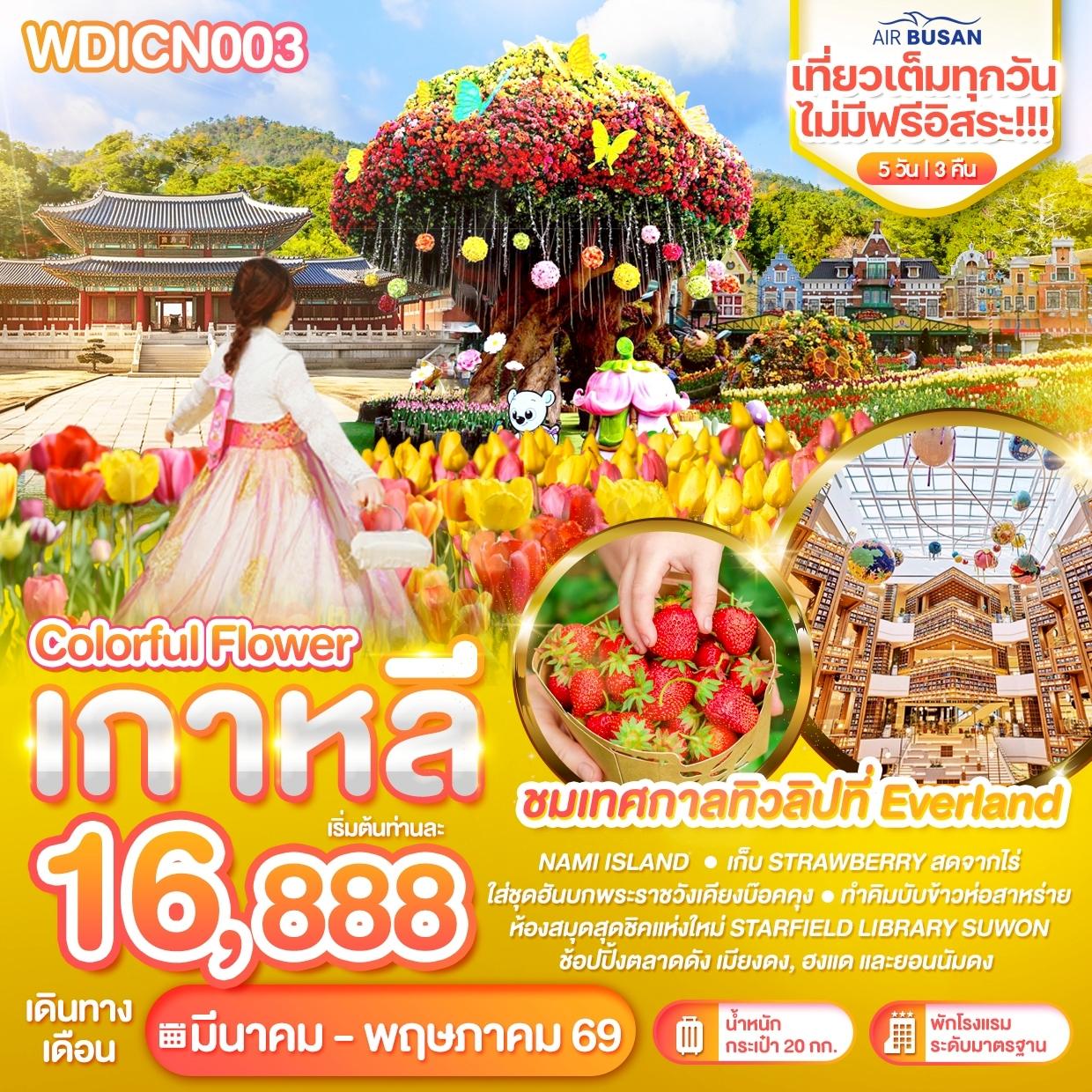 ทัวร์เกาหลี Colorful flower เที่ยวเต็มไม่มีฟรีอิสระ 5วัน 3คืน (BX)
